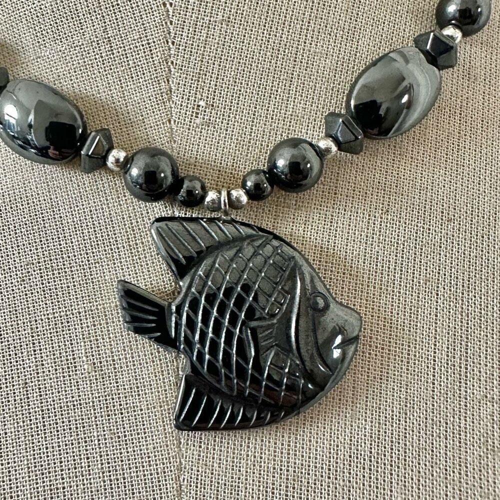 Hematite Carved Fish Pendant Beaded Necklace - Picture 5 of 8